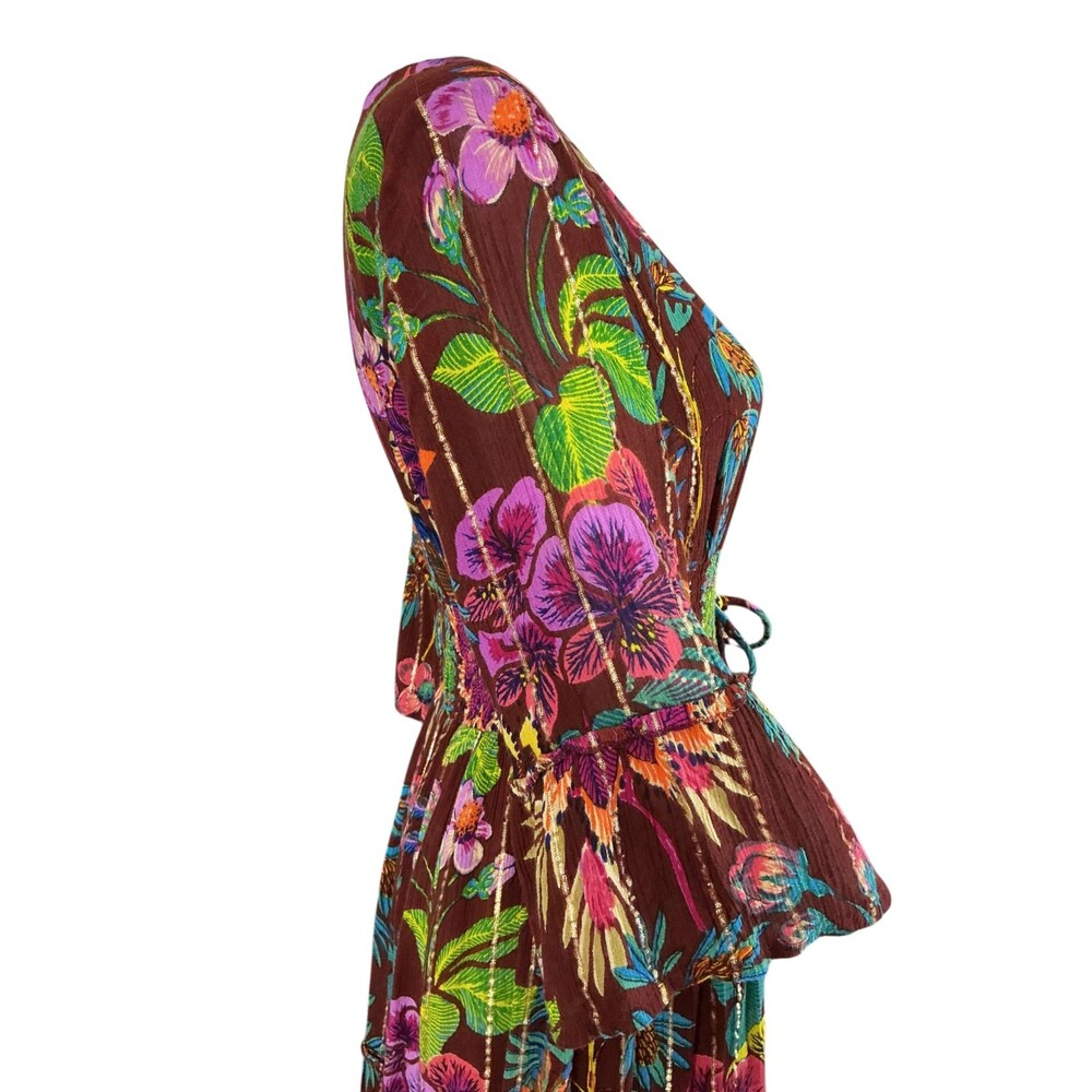 Me 2 Magic Anthropologie Maxi Dress S Floral Gold Stripe Fairy Whimsigoth  BOHO - Picture 9 of 14